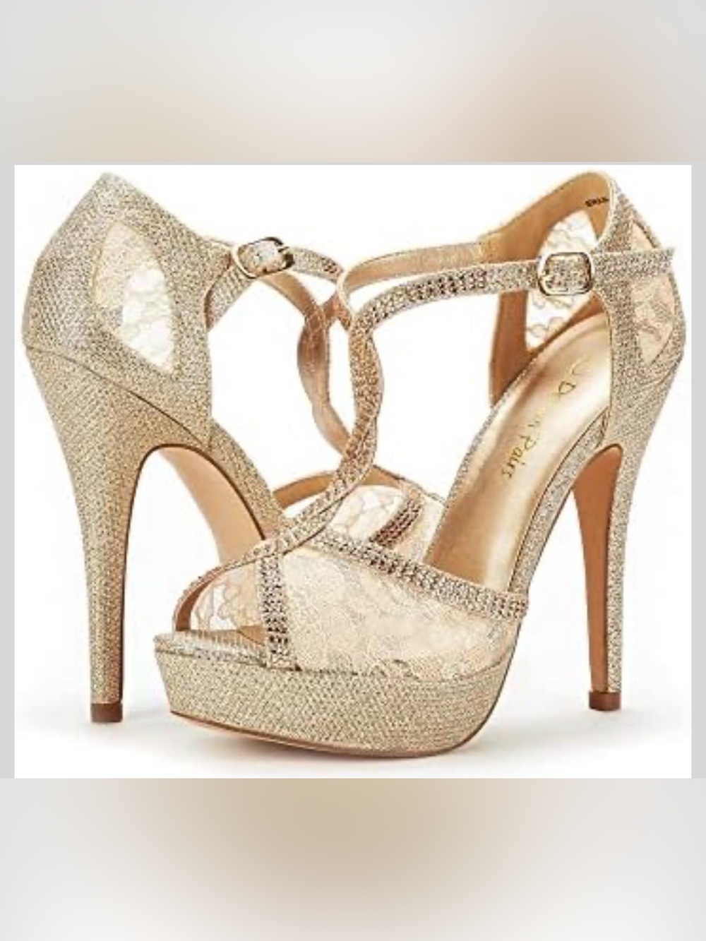New Dream Pairs Champagne Glitter Lace & Rhinestone Platform 5” Heels size 7.5
